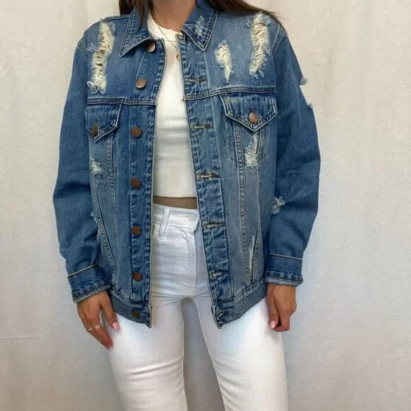 Tobi Oversized Distressed Blue Denim Jean Jacket - Picture 2 of 12